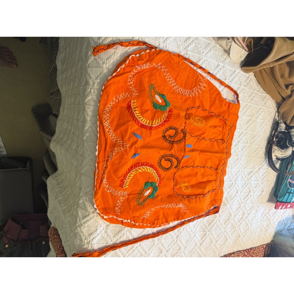 Vintage Handmade Portugal Embroidered Half Apron Orange Cotton Folk Art Pockets
